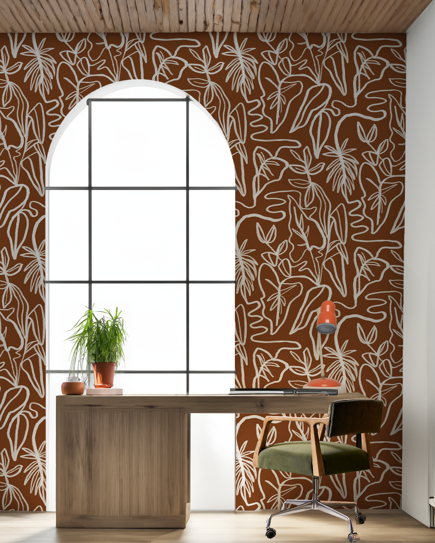 Inked Foliage Wallpaper, rust and white - Tampa Home & Garden Store
