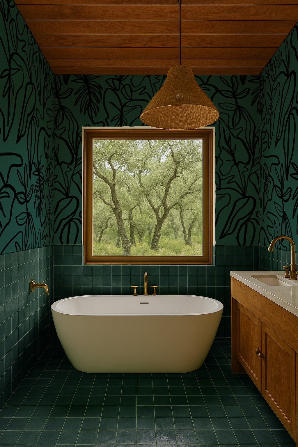 Inked Foliage Wallpaper, teal and black - Tampa Home & Garden Store