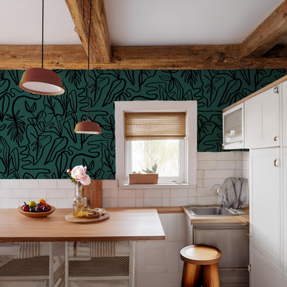 Inked Foliage Wallpaper, teal and black - Tampa Home & Garden Store