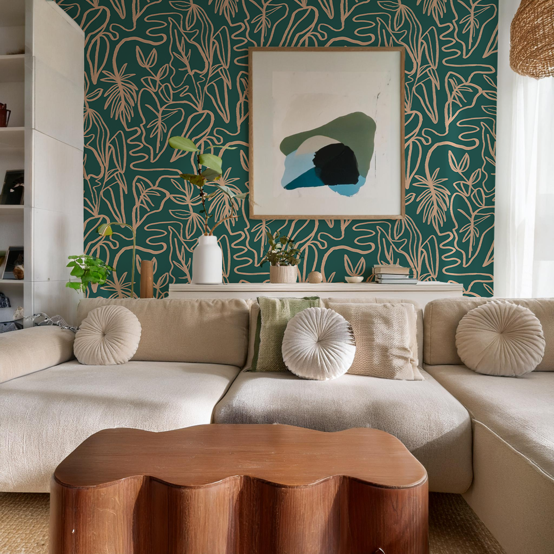 Inked Foliage Wallpaper, teal and peach - Tampa Home & Garden Store