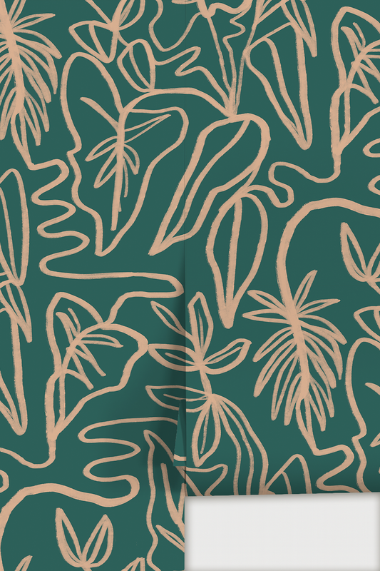 Inked Foliage Wallpaper, teal and peach - Tampa Home & Garden Store