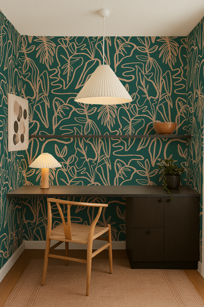 Inked Foliage Wallpaper, teal and peach - Tampa Home & Garden Store