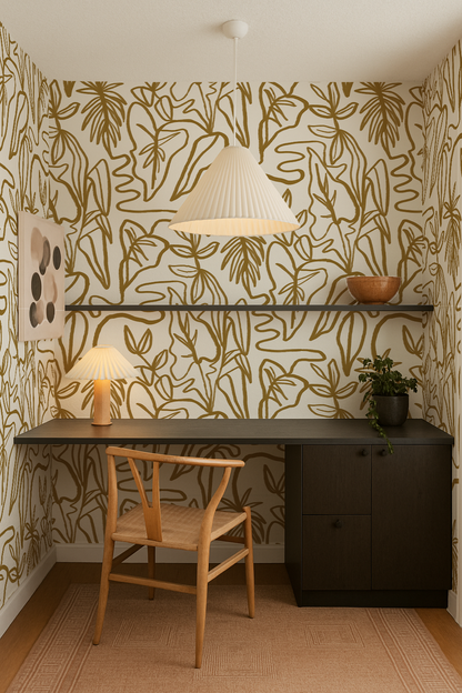 Inked Foliage Wallpaper, white and mustard - Tampa Home & Garden Store