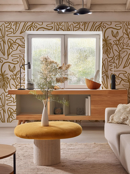 Inked Foliage Wallpaper, white and mustard - Tampa Home & Garden Store