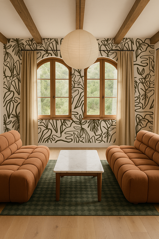 Inked Foliage Wallpaper, white and olive green - Tampa Home & Garden Store