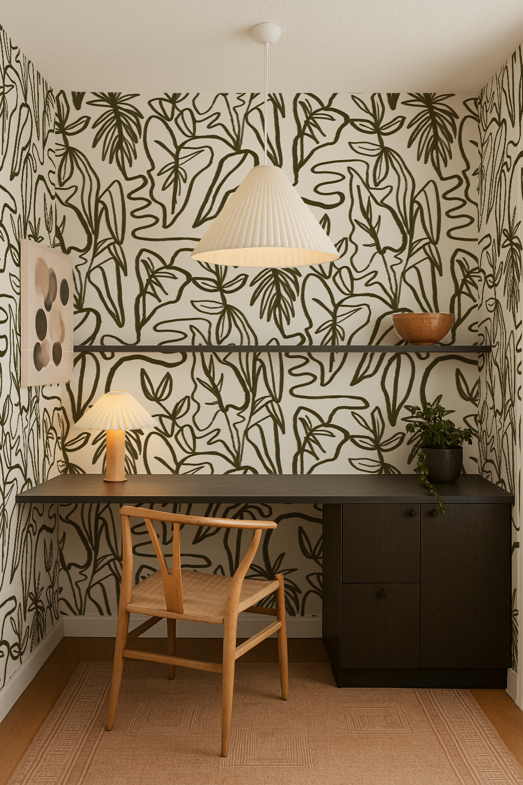Inked Foliage Wallpaper, white and olive green - Tampa Home & Garden Store