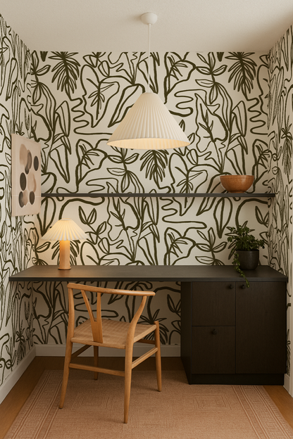 Inked Foliage Wallpaper, white and olive green - Tampa Home & Garden Store