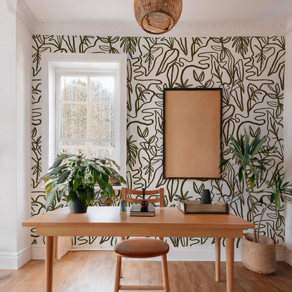 Inked Foliage Wallpaper, white and olive green - Tampa Home & Garden Store