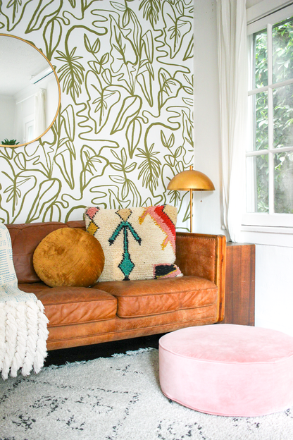 Inked Foliage Wallpaper, white and olive green - Tampa Home & Garden Store