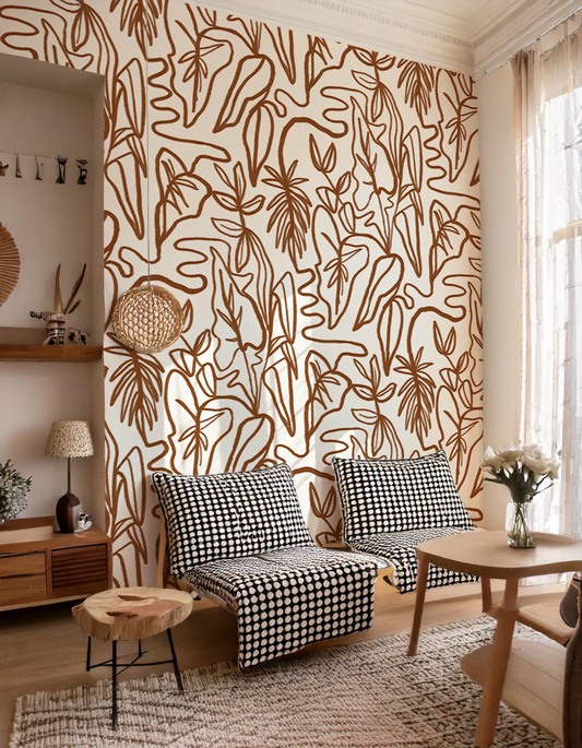 Inked Foliage Wallpaper, white and rust - Tampa Home & Garden Store