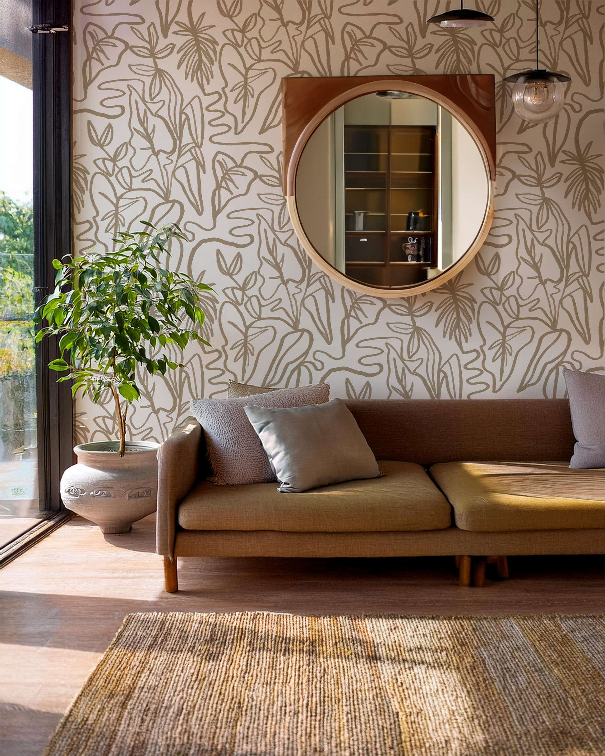 Inked Foliage Wallpaper, white and tan - Tampa Home & Garden Store