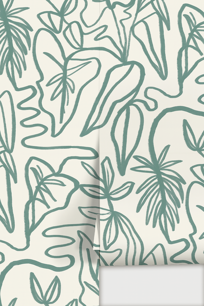 Inked Foliage Wallpaper, white and teal - Tampa Home & Garden Store