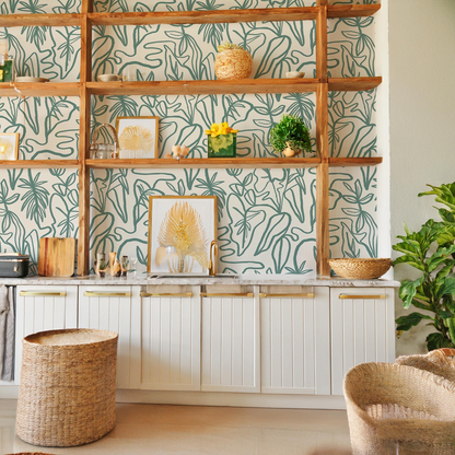 Inked Foliage Wallpaper, white and teal - Tampa Home & Garden Store