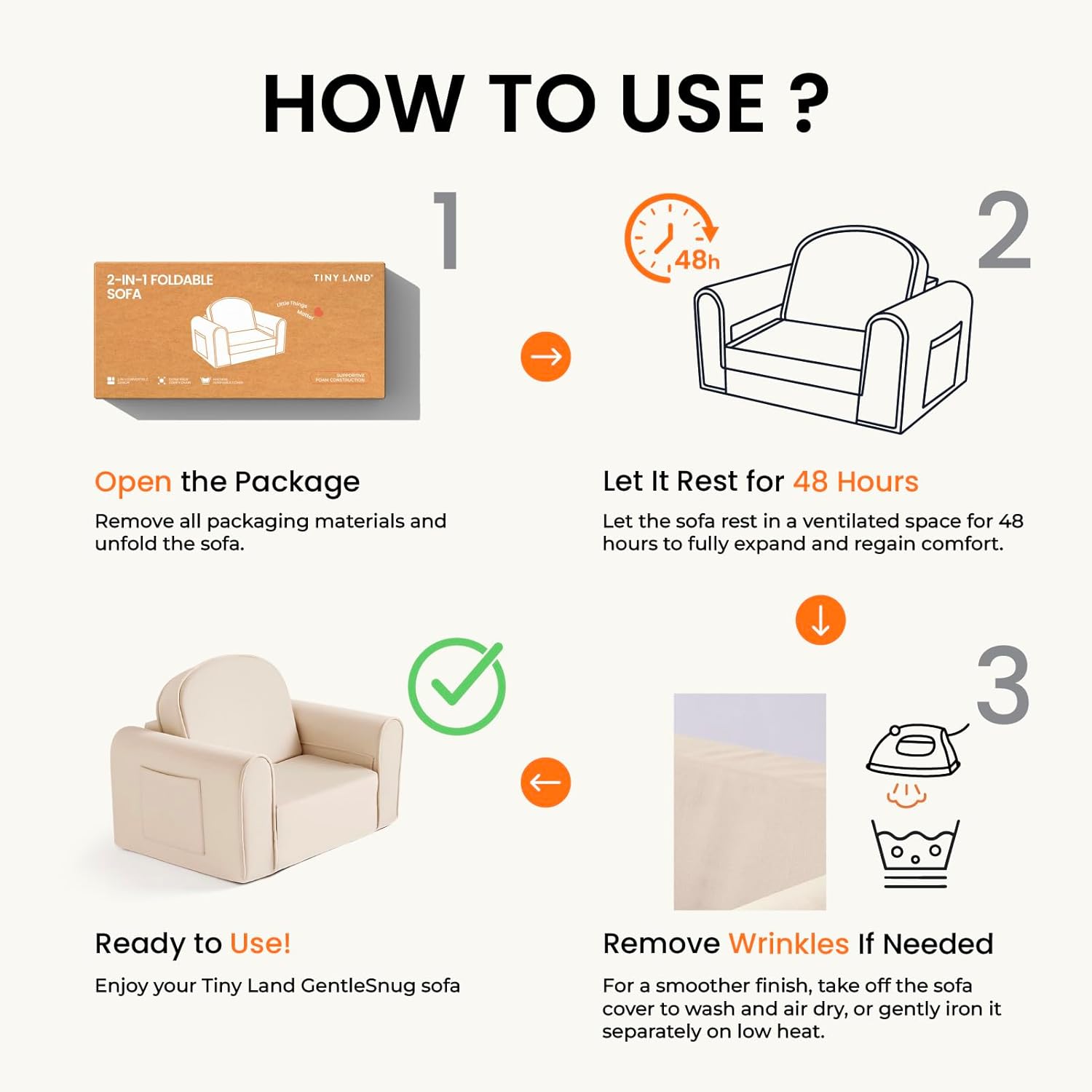Tiny Land GentleSnug Kid Chair packaging and 48h rest steps on beige play sofa infographic on Tampa Home & Garden Store