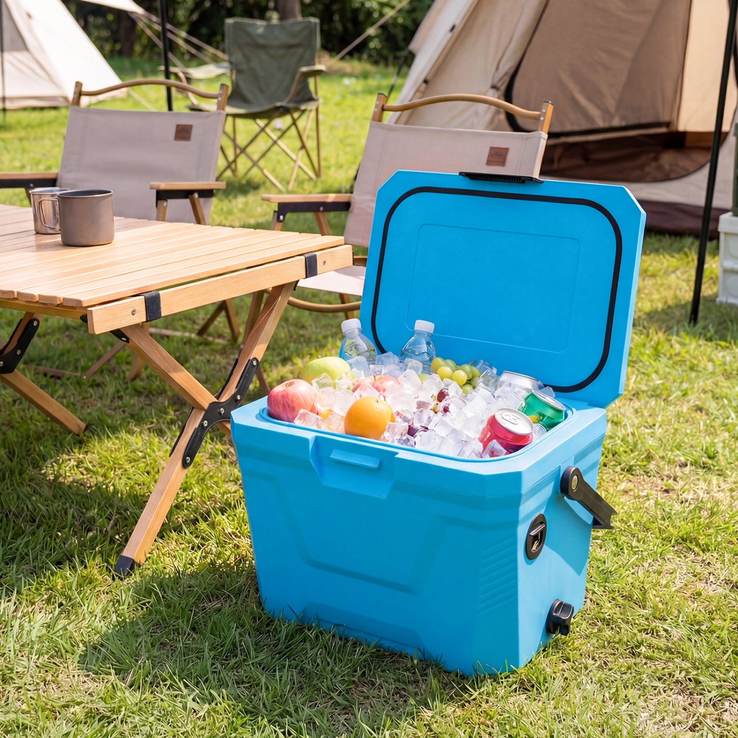 Insulated portable cooler hard shell blue with 2 cup holders by GemGear, open lid at campsite on Tampa Home & Garden Store