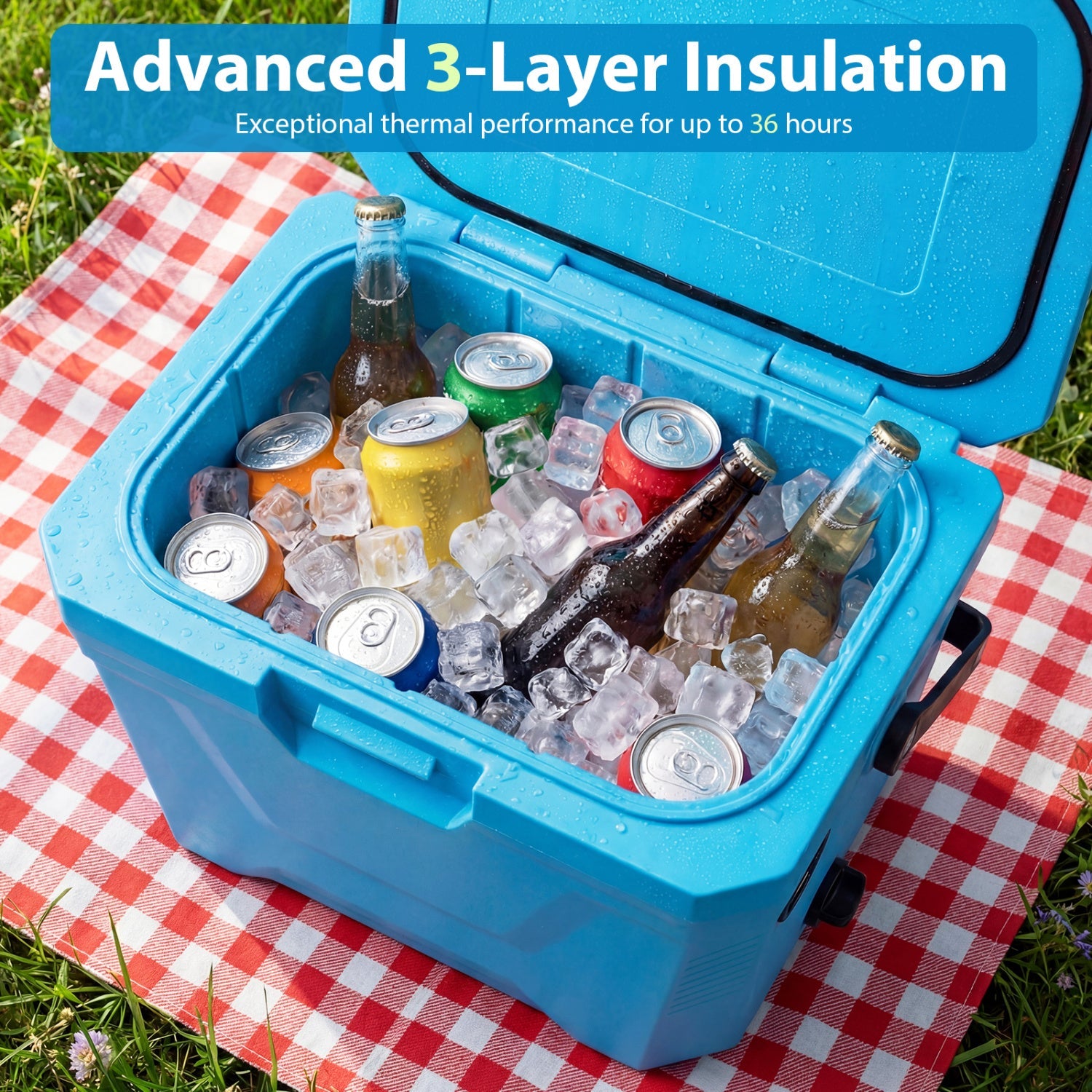 Insulated portable cooler hard shell blue with 2 cup holders GemGear ice and beverage cans on Tampa Home & Garden Store