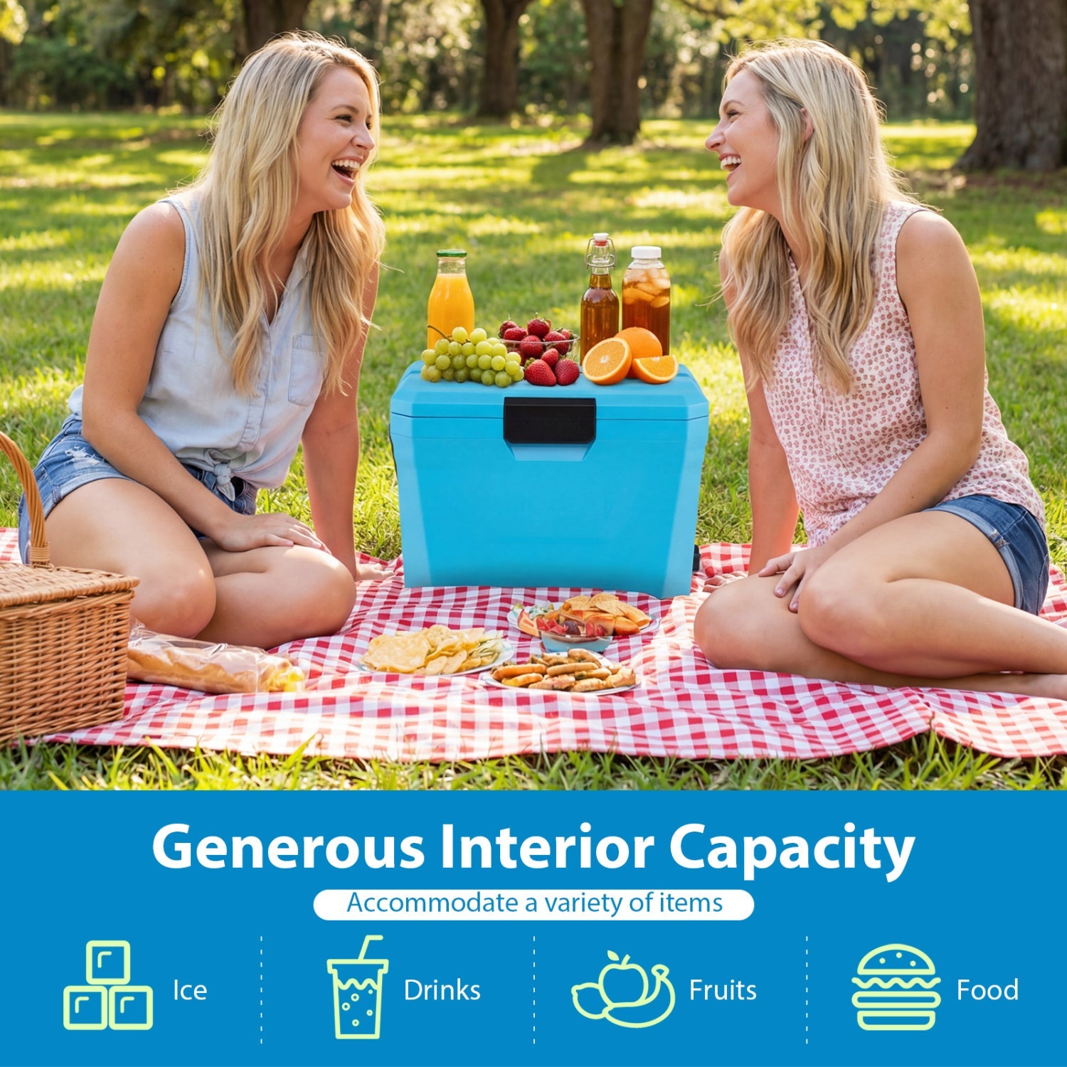 GemGear insulated portable cooler hard shell with 2 cup holders in blue on a picnic blanket on Tampa Home & Garden Store