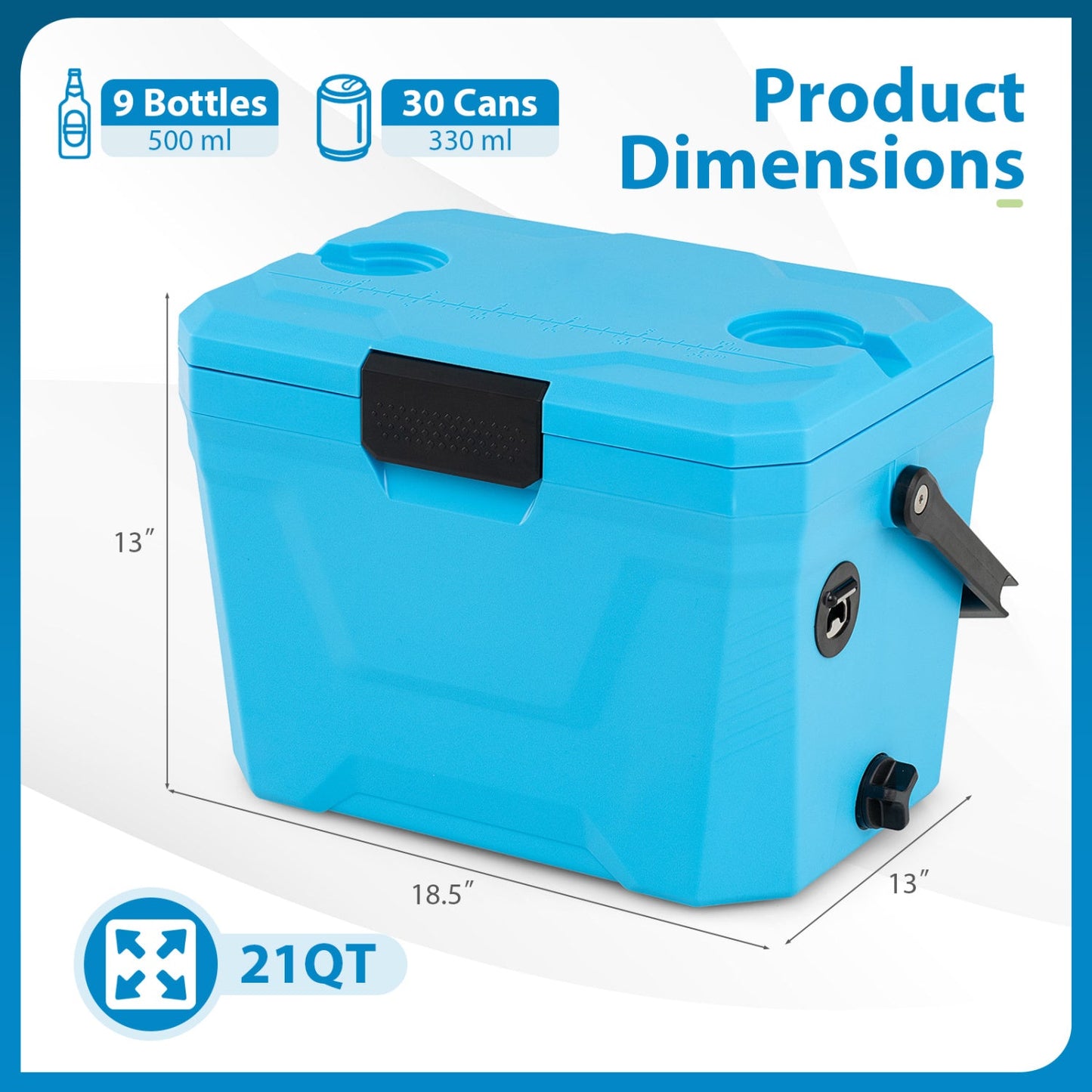 Insulated portable cooler hard shell ice chest GemGear blue with 2 cup holders, 21QT capacity on Tampa Home & Garden Store