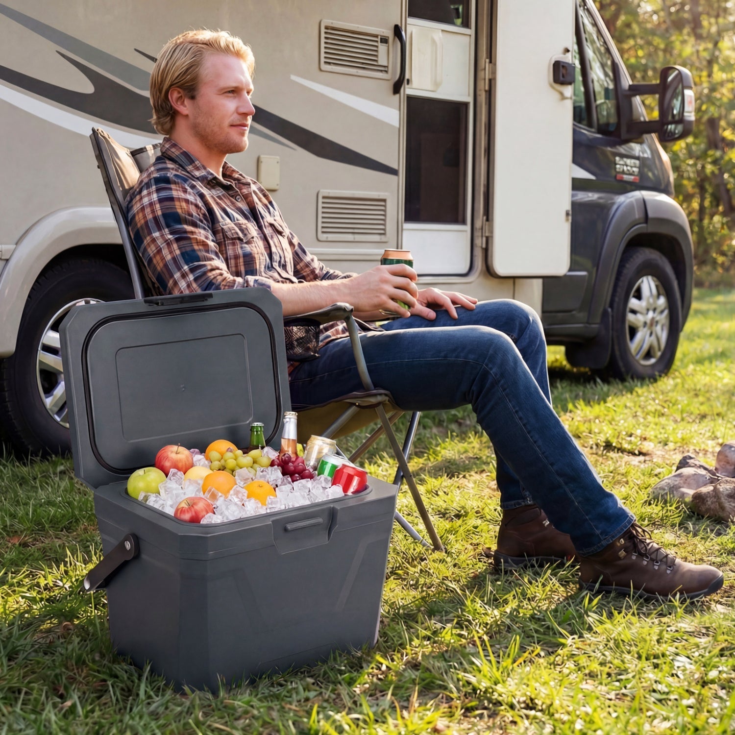 GemGear insulated portable cooler ice chest with 2 cup holders gray beside RV with fruit on Tampa Home & Garden Store