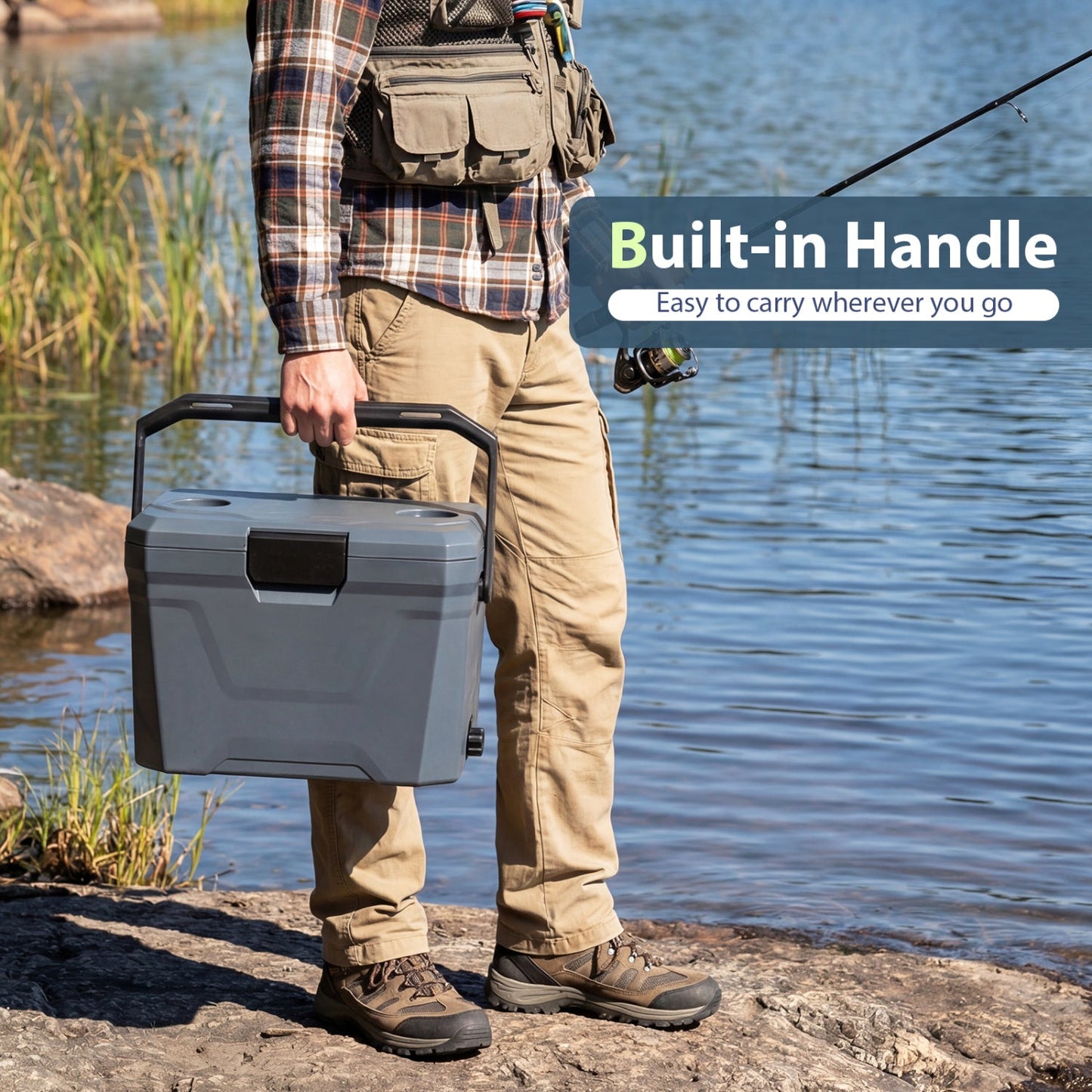 GemGear insulated portable cooler hard shell with built-in handle and 2 cup holders gray on Tampa Home and Garden Store