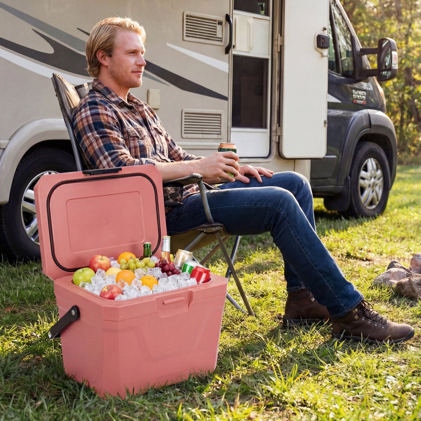 Insulated portable pink cooler hard shell ice chest, open to ice and fruit beside an RV on Tampa Home & Garden Store