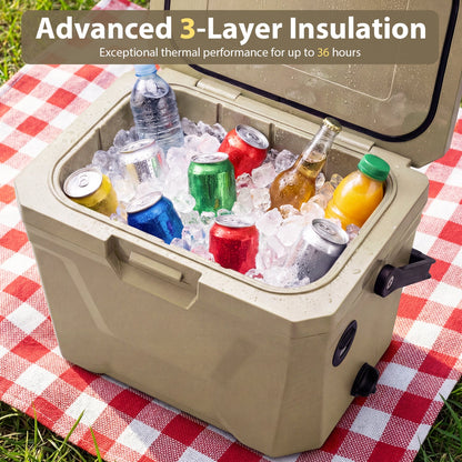 GemGear beige insulated cooler with 2 cup holders, cans and bottles on a picnic blanket on Tampa Home & Garden Store
