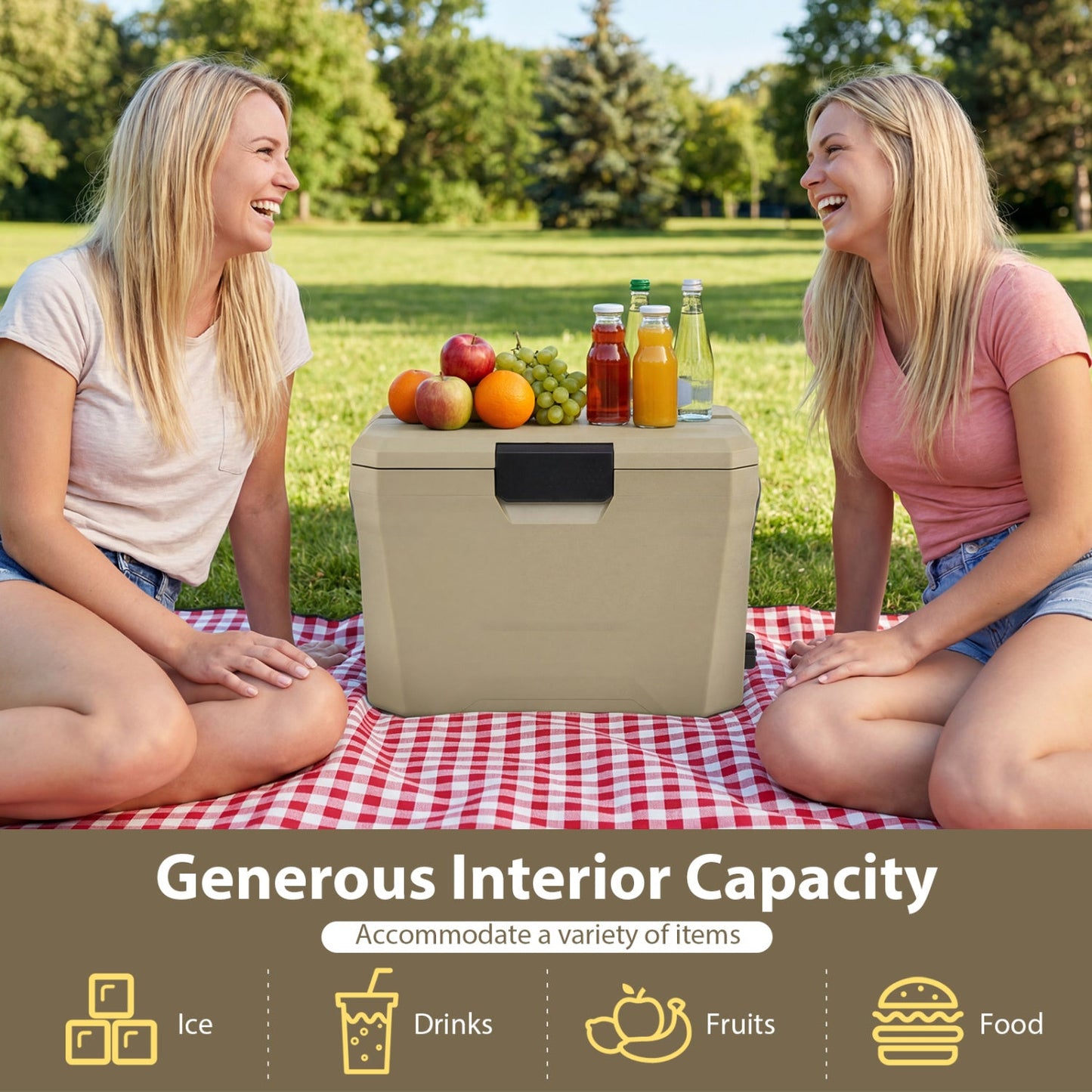 GemGear insulated portable cooler hard shell with 2 cup holders beige color on picnic blanket on Tampa Home & Garden Store