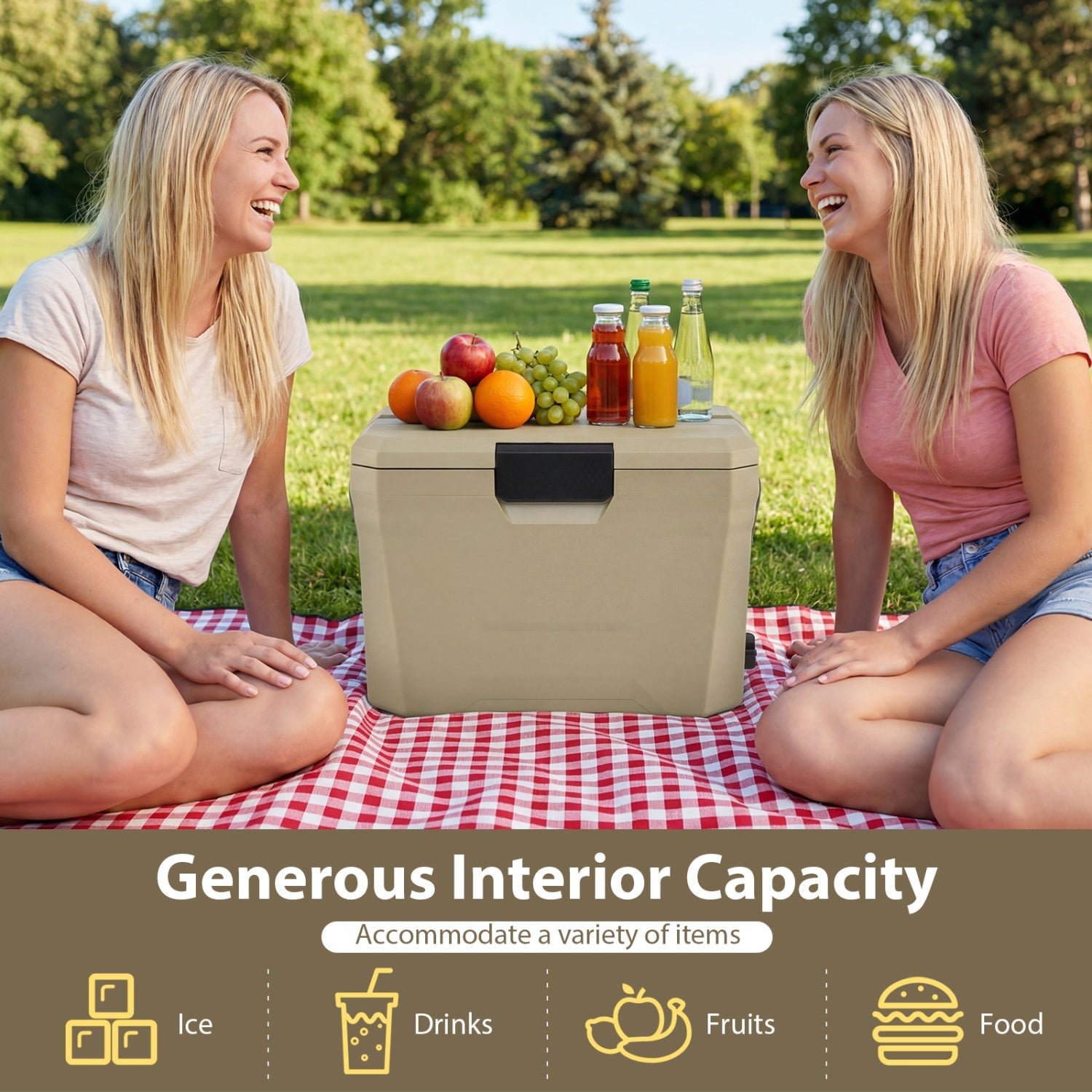 GemGear insulated portable cooler hard shell with 2 cup holders beige color on picnic blanket on Tampa Home & Garden Store