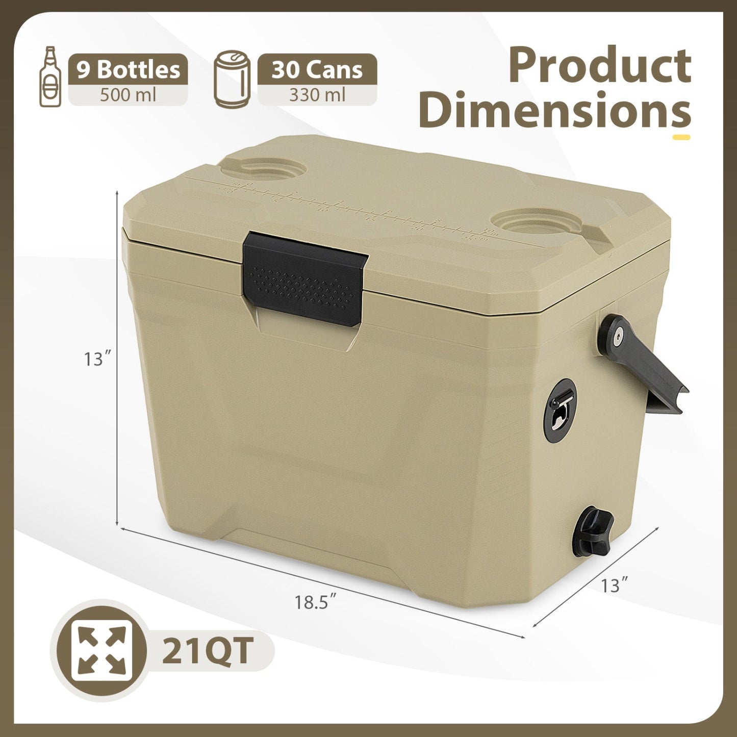 Insulated portable cooler hard shell with 2 cup holders, GemGear tan 21qt capacity on Tampa Home & Garden Store