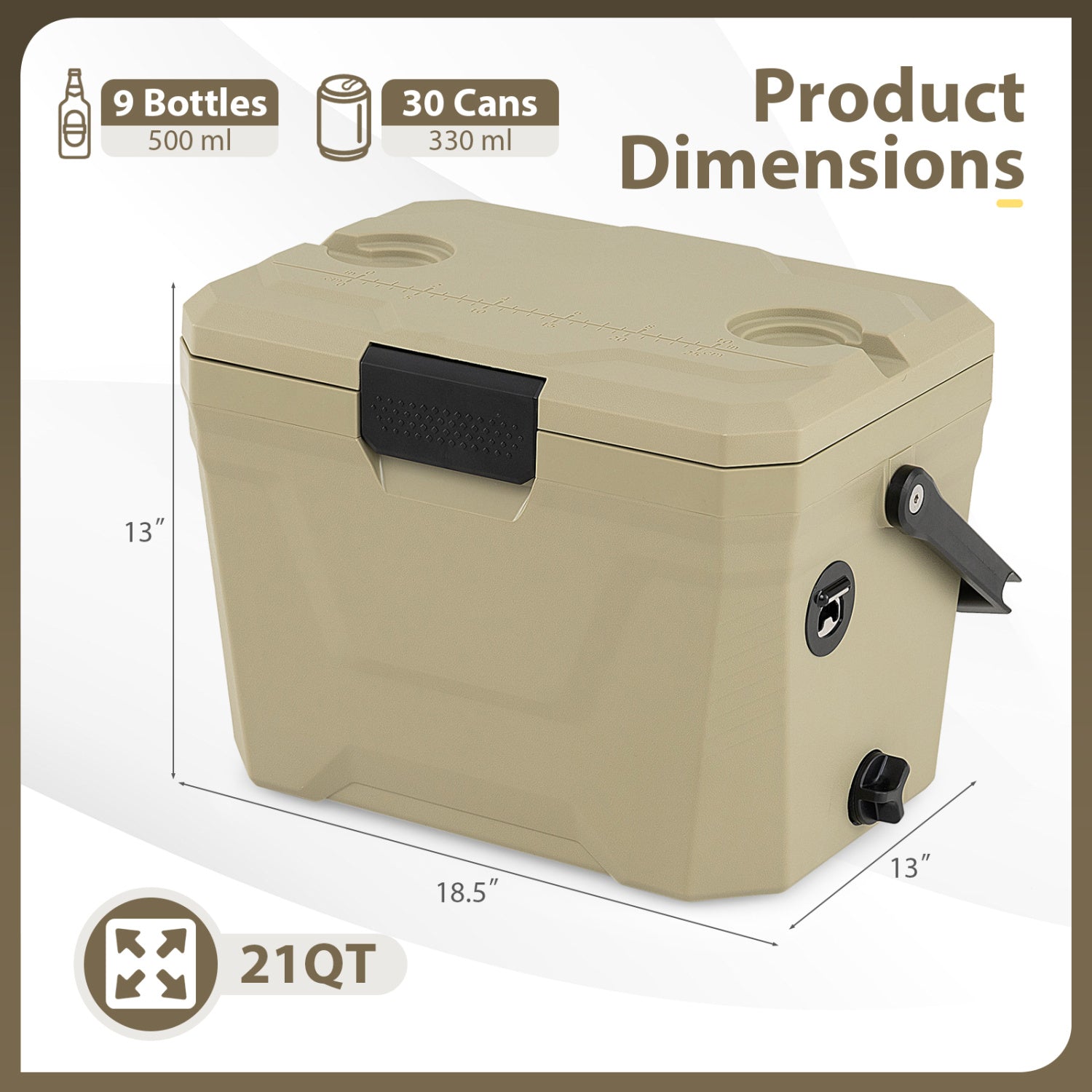 Insulated portable cooler hard shell with 2 cup holders, GemGear tan 21qt capacity on Tampa Home & Garden Store