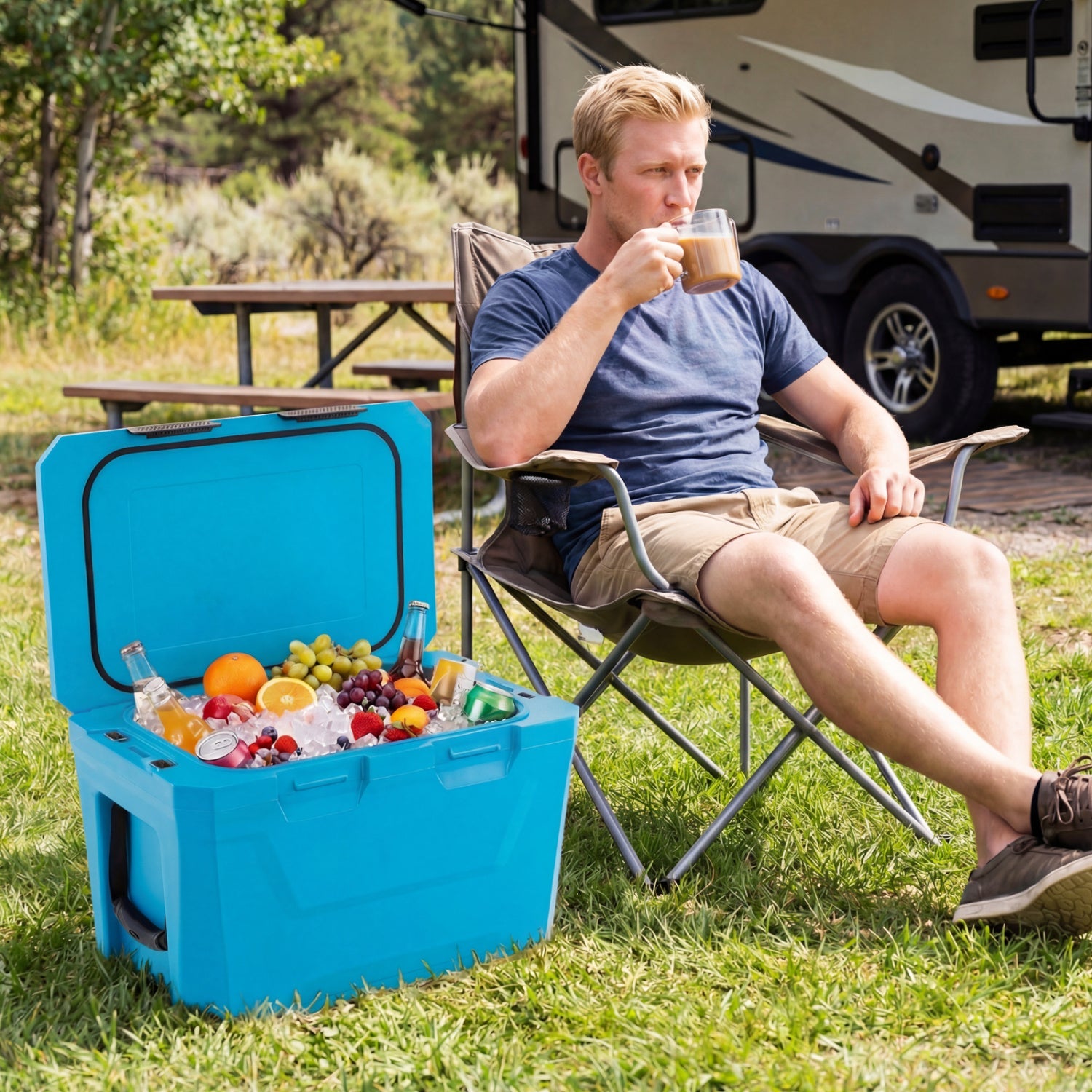 GemGear insulated blue portable cooler with 2 cup holders, bottle opener and drain plug on Tampa Home & Garden Store