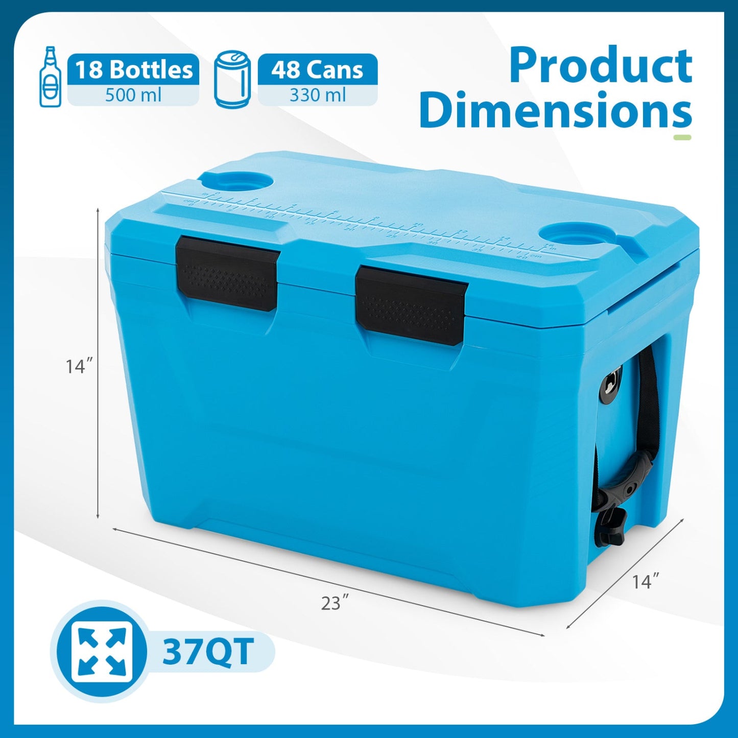 Insulated GemGear blue cooler with 2 cup holders bottle opener and drain plug on Tampa Home & Garden Store