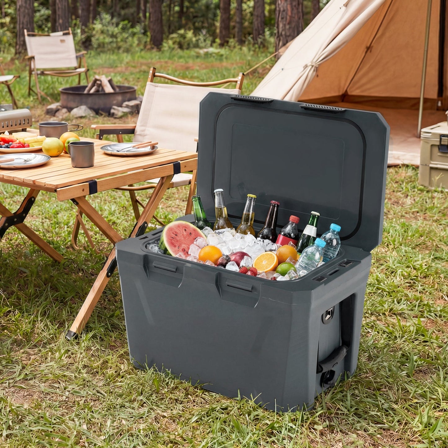 GemGear gray insulated portable cooler with 2 cup holders and ice on camping setup on Tampa Home & Garden Store