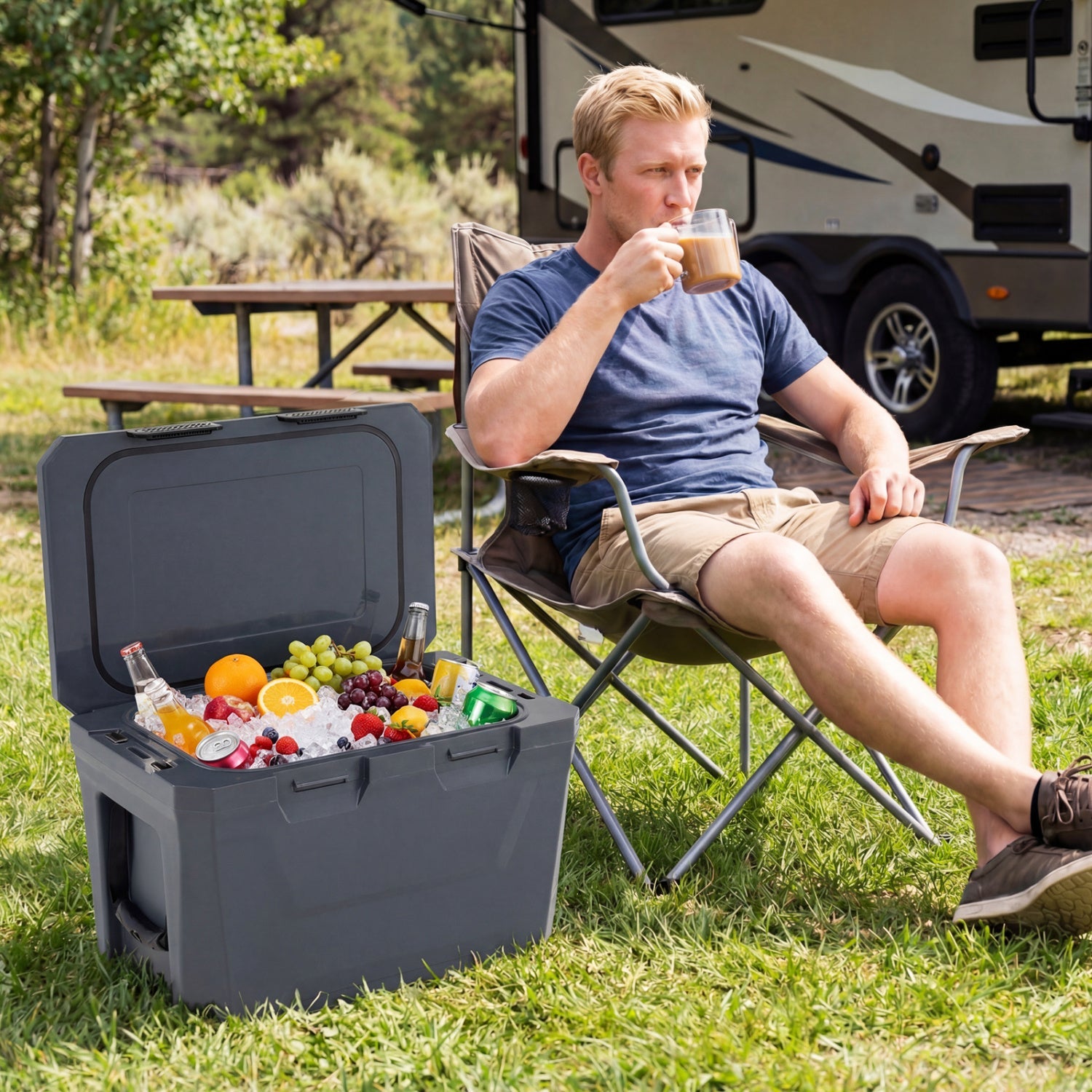 Gray insulated portable cooler hard shell with 2 cup holders, bottle opener and drain plug on Tampa Home & Garden Store