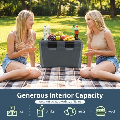 Gray insulated portable cooler hard shell with 2 cup holders on lid and drain plug on Tampa Home & Garden Store