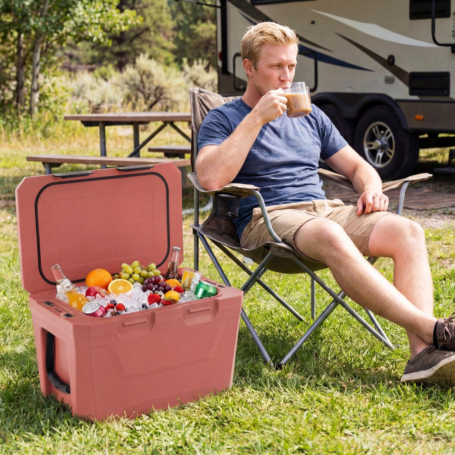 GemGear insulated portable cooler hard shell ice chest in pink open with ice and fruit on Tampa Home & Garden Store