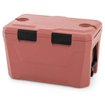Coral pink insulated portable cooler with hard shell, two top cup holders and black latches on Tampa Home & Garden Store