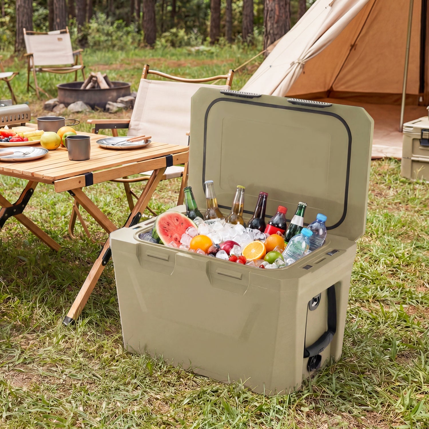 Insulated portable cooler GemGear olive hard-shell open with ice and drinks at campsite on Tampa Home & Garden Store
