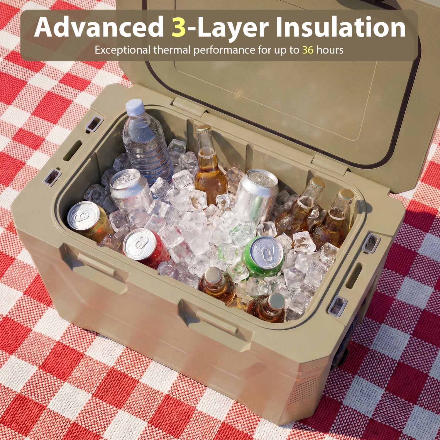 GemGear insulated hard-shell cooler, 2 cup holders and drain plug, filled with ice beverages on Tampa Home & Garden Store