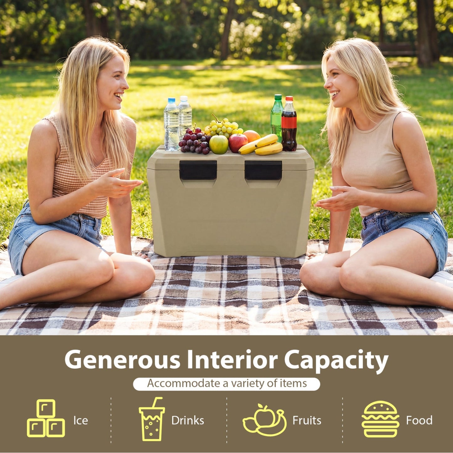 GemGear insulated portable hard-shell cooler beige with 2 cup holders bottle opener drain plug on Tampa Home & Garden Store