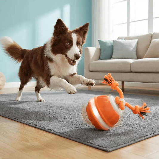 Motion Sensor Dog Toy Ball and Tug Rope in bright orange with rope handles on Tampa Home & Garden Store