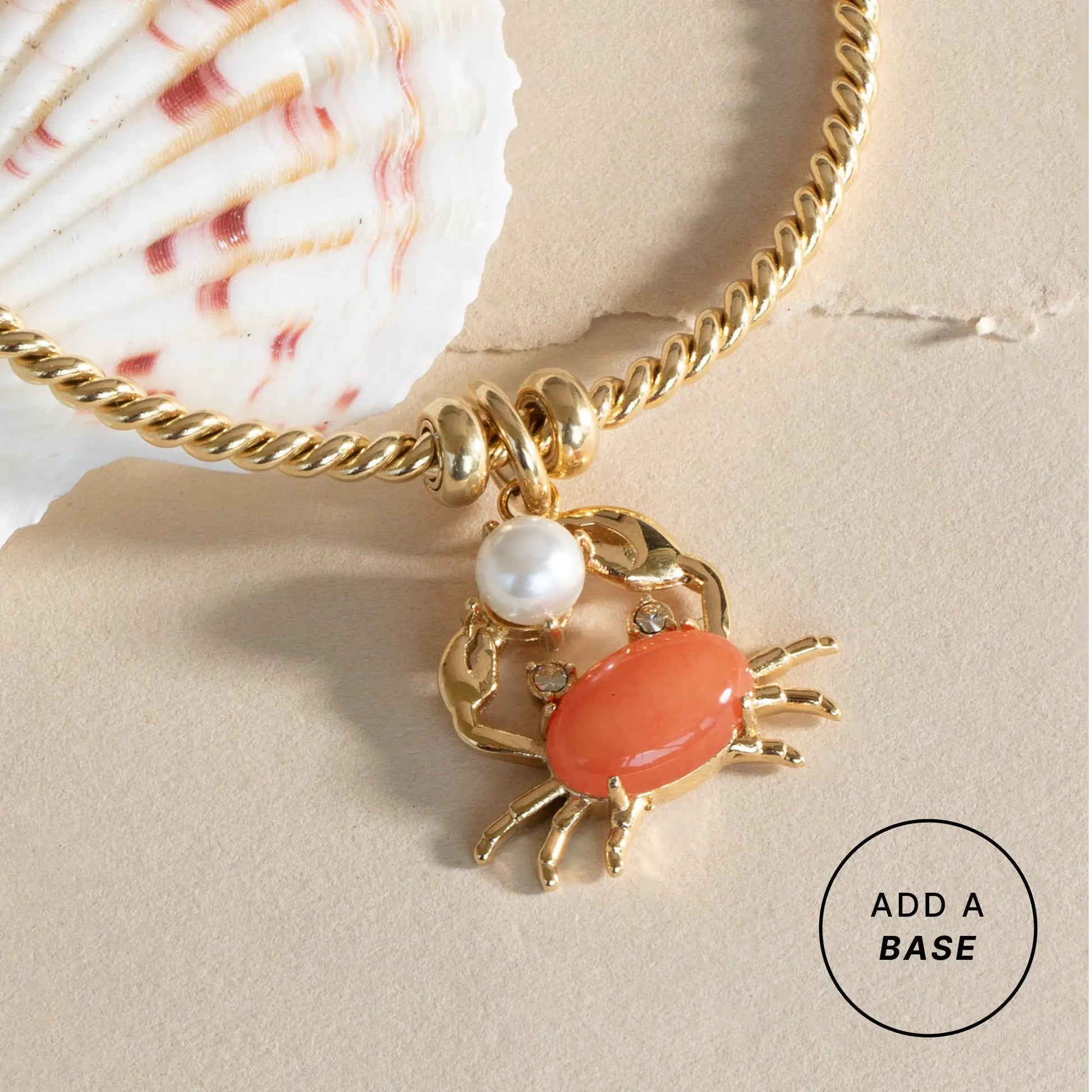 Crab Interchangeable Charm, gold-tone crab pendant with coral body and pearl bead on chain on Tampa Home & Garden Store