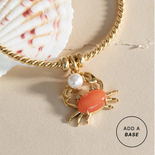 Crab Interchangeable Charm, gold-tone crab pendant with coral body and pearl bead on chain on Tampa Home & Garden Store