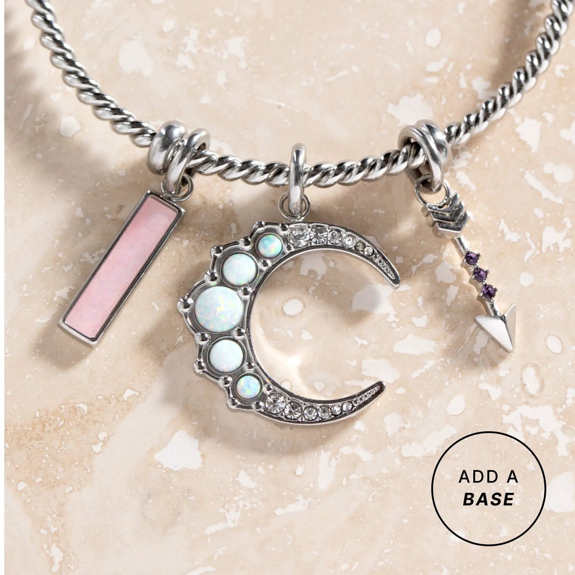 Opal Moon Interchangeable Charm by ALEX AND ANI on silver-tone chain with pink bar pendant on Tampa Home & Garden Store