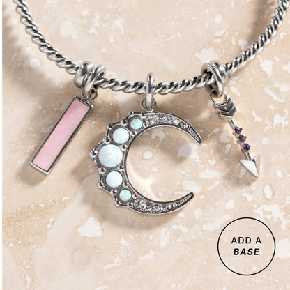 Opal Moon Interchangeable Charm by ALEX AND ANI on silver-tone chain with pink bar pendant on Tampa Home & Garden Store