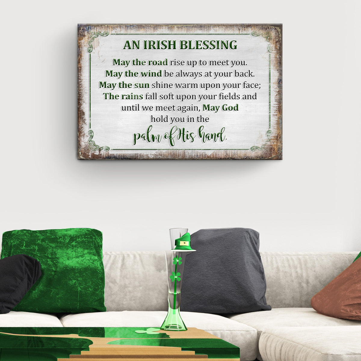 Canvas sign Irish Blessing Farmhouse Sign II by Tailored Canvases with frame and green text on Tampa Home & Garden Store