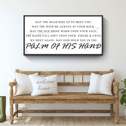 Irish Blessing Farmhouse Sign III canvas by Tailored Canvases; white crafting canvas with black frame and Palm of His Hand text in elegant serif script on Tampa Home & Garden Store