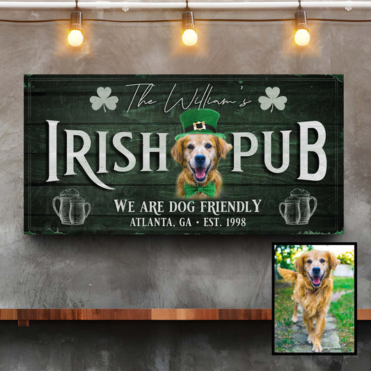 Irish Pub Dog Portrait Sign canvas by Tailored Canvases with a dog in a green hat and shamrocks on Tampa Home & Garden Store