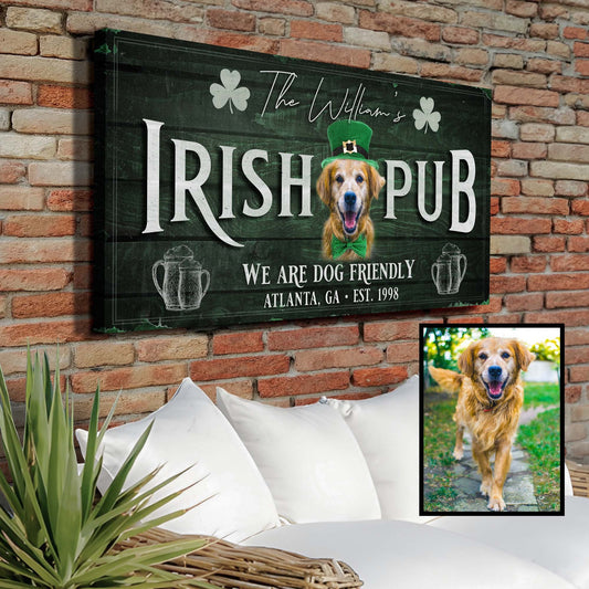 Irish Pub Dog Portrait Sign canvas featuring a dog wearing a green top hat and shamrocks on Tampa Home & Garden Store