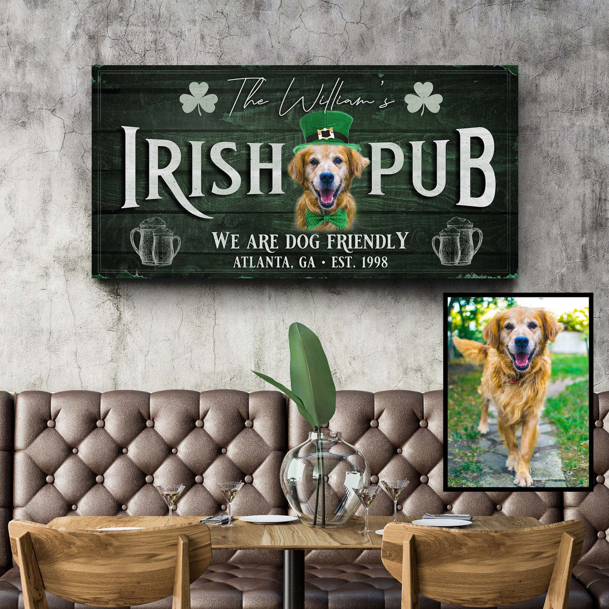 Canvas Irish Pub Dog Portrait Sign with a retriever in a green leprechaun hat and clovers on Tampa Home & Garden Store